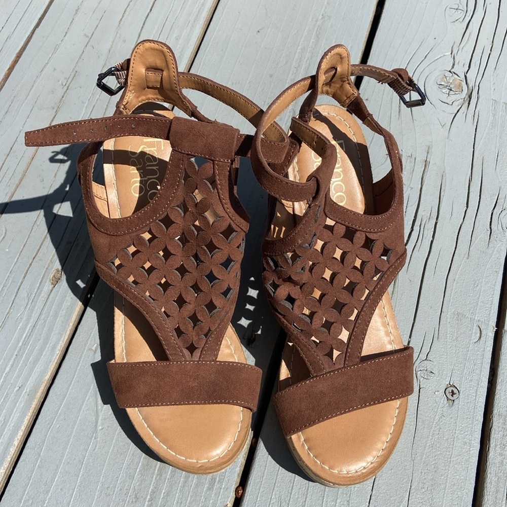Franco Sarto Brown Wedge Sandals with Decorative Cutouts